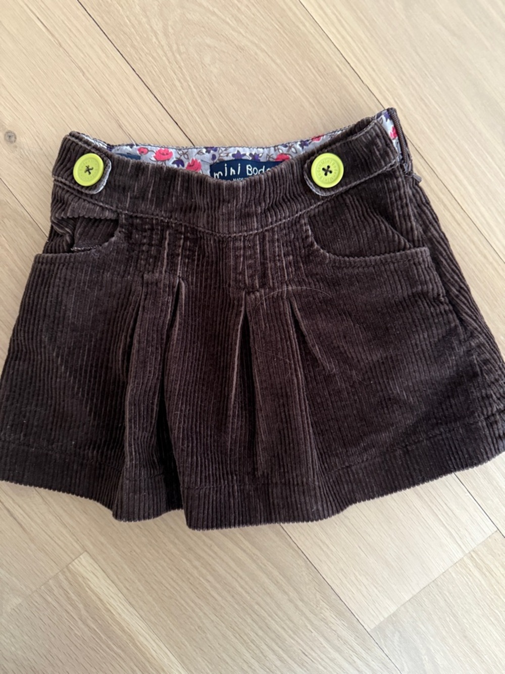 Mini Boden Brown Corduroy Skirt with Lime Button Accents